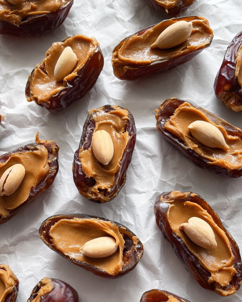 The image shows multiple dates sliced in half with smooth, shiny light brown peanut butter spread inside each half. On top of the peanut butter, there are a few whole peanuts placed on each date half. The dates have a rich dark brown color with a slightly wrinkled texture, and they are arranged on a white crumpled paper over a white marbled surface. The overall look is glossy and textured with natural shapes and soft shadows. Photo taken with an iphone --ar 4:5 --v 7