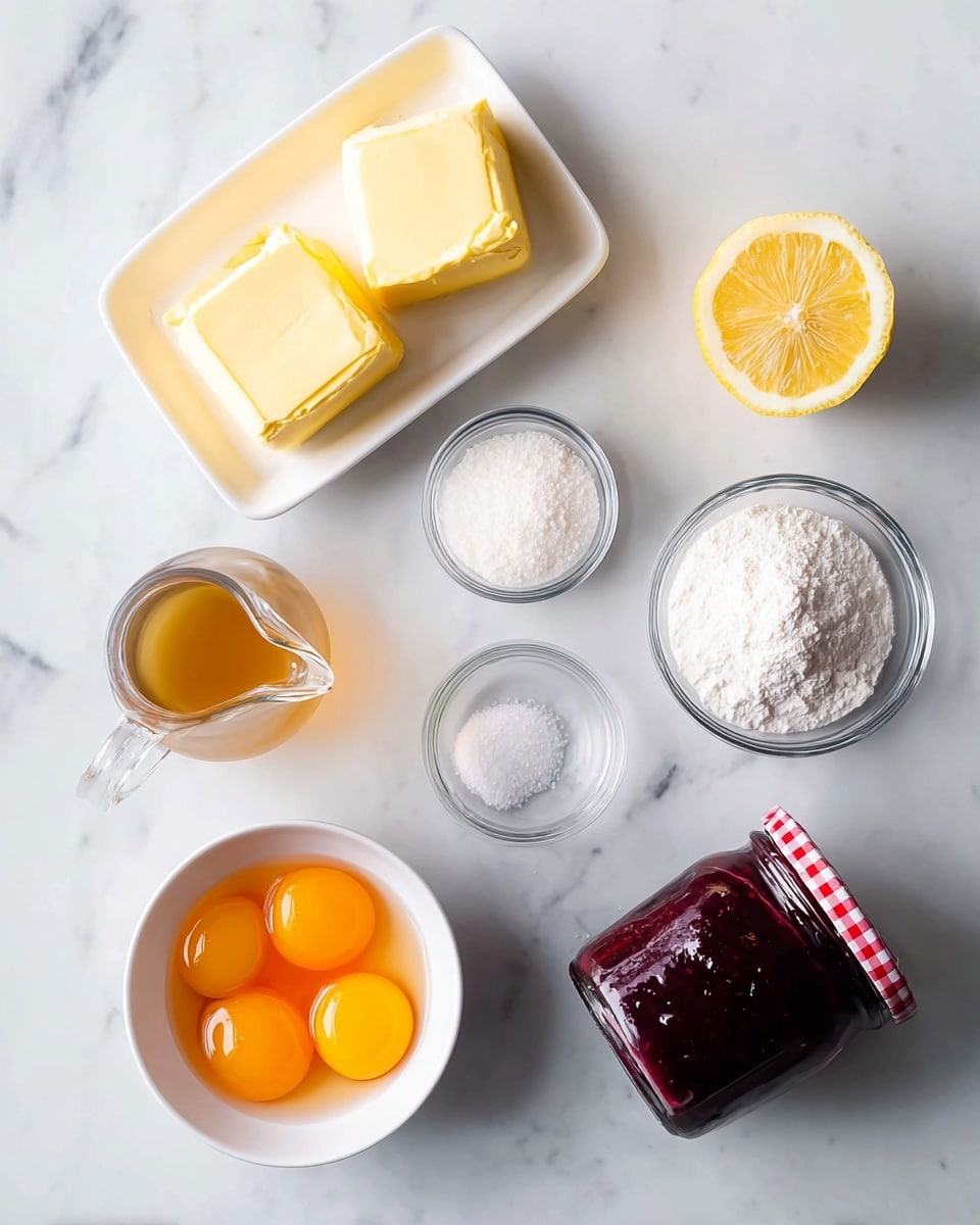 The image shows a white marbled surface with several ingredients neatly arranged. At the top left, there is a white rectangular dish holding two blocks of yellow butter. To the right is a half lemon showing its bright yellow flesh. Below the lemon, there is a small white bowl with a fine white powder, next to it is a small clear glass bowl with a small amount of white granules. Below these, there is a white bowl filled with several bright orange egg yolks. To the left of the eggs, a small glass pitcher holds a golden liquid. At the bottom right corner, there is a jar lying on its side filled with dark red jam, with a red and white checkered lid. photo taken with an iphone --ar 4:5 --v 7