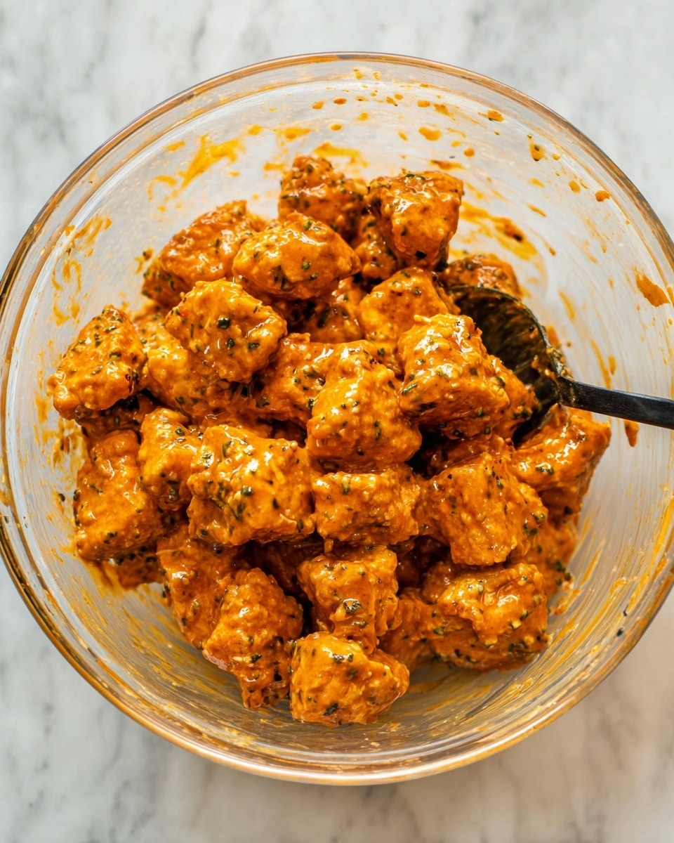 In a clear glass bowl, there are many small, chunky pieces covered in a thick, orange sauce with specks of herbs. The pieces have a textured surface and are coated evenly with the sauce, giving them a shiny and slightly rough look. A black spoon is partially visible inside the bowl, holding some of these coated pieces. The bowl is set against a white marbled background. photo taken with an iphone --ar 4:5 --v 7