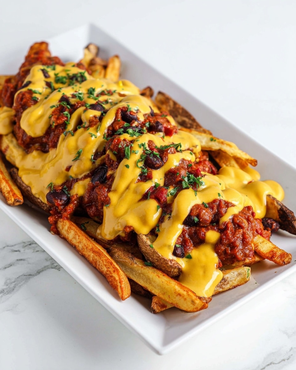 The dish is served on a white rectangular plate placed on a white marbled surface. The bottom layer consists of golden-brown potato fries with a crispy texture and some darker edges. On top of the fries, there is a thick layer of chunky red chili that includes visible black beans. Yellow cheese sauce is generously drizzled over the chili and fries, creating smooth and creamy streaks. Small pieces of green herbs are scattered on top, adding a fresh contrast to the warm colors of the dish. photo taken with an iphone --ar 4:5 --v 7