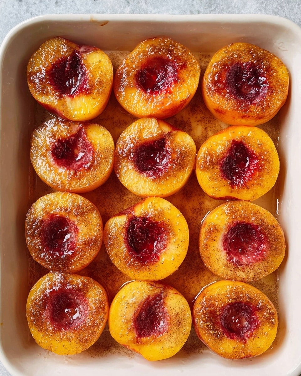 The image shows a white rectangular baking dish with twelve peach halves arranged in three rows of four, each facing up to reveal a deep red center where the pit was removed. The peaches have a warm golden-yellow color with a slightly caramelized texture and are sprinkled with a light dusting of cinnamon or similar spice that adds brown specks on the surface. Juices have pooled in the center of each peach half, giving them a glossy finish. The edges of the peach skin are slightly darker, adding contrast. The white marbled texture beneath the dish highlights the warm colors of the peaches. photo taken with an iphone --ar 4:5 --v 7