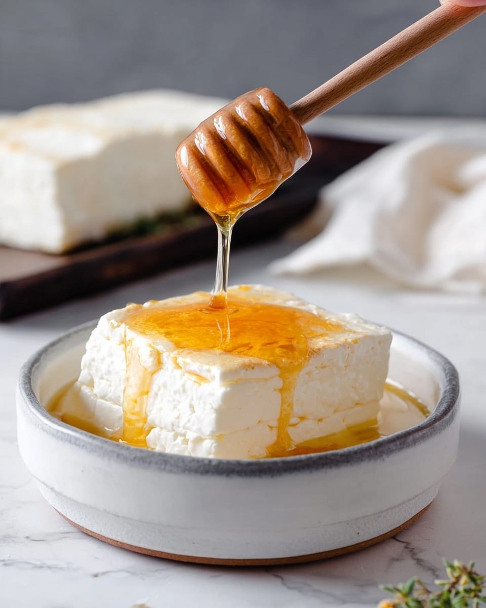A close-up of a white, square block of soft cheese placed inside a white bowl with a gray rim. The cheese has a smooth, creamy texture with slight cracks on the surface. On top, a golden honey is being drizzled evenly from a wooden honey dipper held by a woman's hand above the cheese, creating a shiny layer of honey spreading down the sides. The background shows another block of cheese blurred out on a dark surface, and the setting has a clean white marbled texture beneath the bowl. photo taken with an iphone --ar 4:5 --v 7