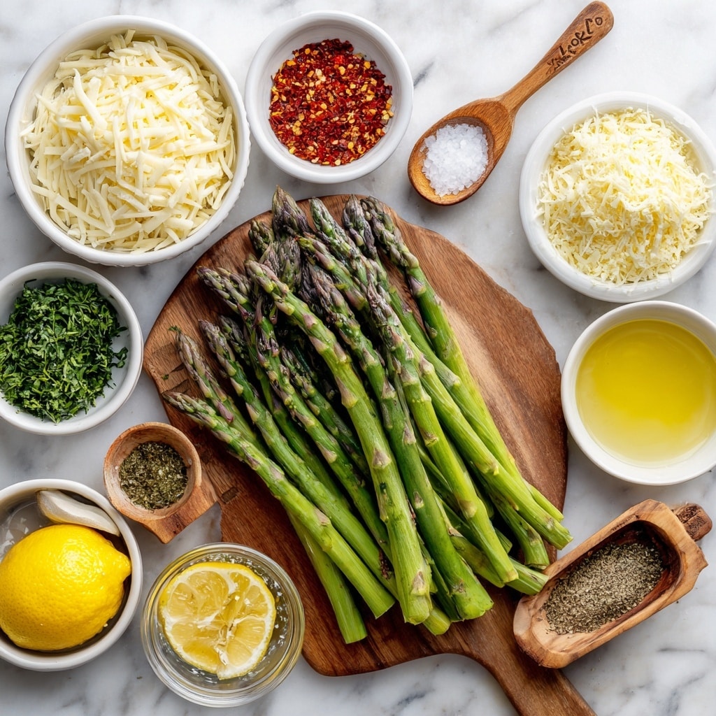 The image shows a wooden cutting board placed on a white marbled surface with a bunch of fresh green asparagus stalks spread across it, their tips pointing upwards. Surrounding the cutting board are small white bowls and wooden spoons holding various ingredients: shredded mozzarella cheese in a white bowl at the top left, red pepper flakes in a small white bowl with a tiny wooden spoon slightly right of center, grated parmesan cheese in a small white bowl at the top right, pale yellow lemon juice in a white bowl below parmesan, finely minced garlic in a clear small bowl below the lemon juice, bright yellow lemon zest in a clear bowl below the garlic, dried parsley in a small white bowl with a wooden spoon at the left middle, golden olive oil in a clear bowl at the center, black pepper in a small round mortar with a wooden scoop at bottom right, and coarse salt in a white small jar with a wooden scoop to the right of the pepper. Each ingredient has a label with measurement text in black above or next to it. Photo taken with an iphone --ar 4:5 --v 7
