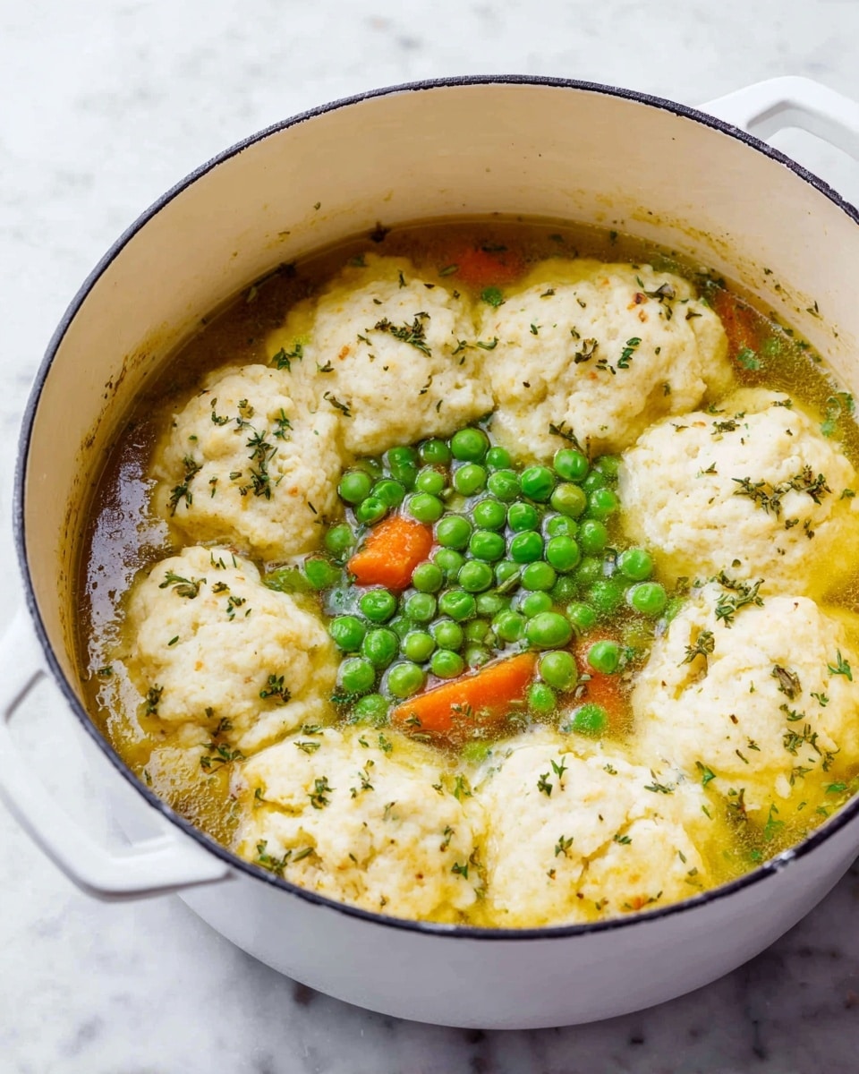 A white pot filled with light golden broth visible at the bottom, topped with a ring of soft, fluffy, off-white biscuit-like dumplings that are dotted with herbs, forming the outer layer. In the center, there is a fresh layer of bright green peas resting on the broth, creating a vivid contrast. A few slices of orange carrot are peeking through near the edges, adding small pops of color. The pot sits on a white marbled surface, and the lighting highlights the warm and fresh textures of the ingredients, giving a cozy and inviting feel. photo taken with an iphone --ar 4:5 --v 7
