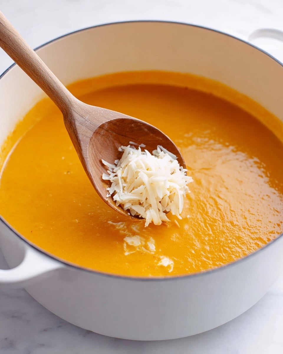 A white pot filled with a smooth, thick orange soup that takes up most of the pot. In the center, a wooden spoon lifts some white shredded pieces into the soup, showing a contrast between the bright orange liquid and the soft white chunks. The pot is on a white marbled surface, and the photo is closely focused on the soup and spoon, capturing the texture of both. Photo taken with an iphone --ar 4:5 --v 7