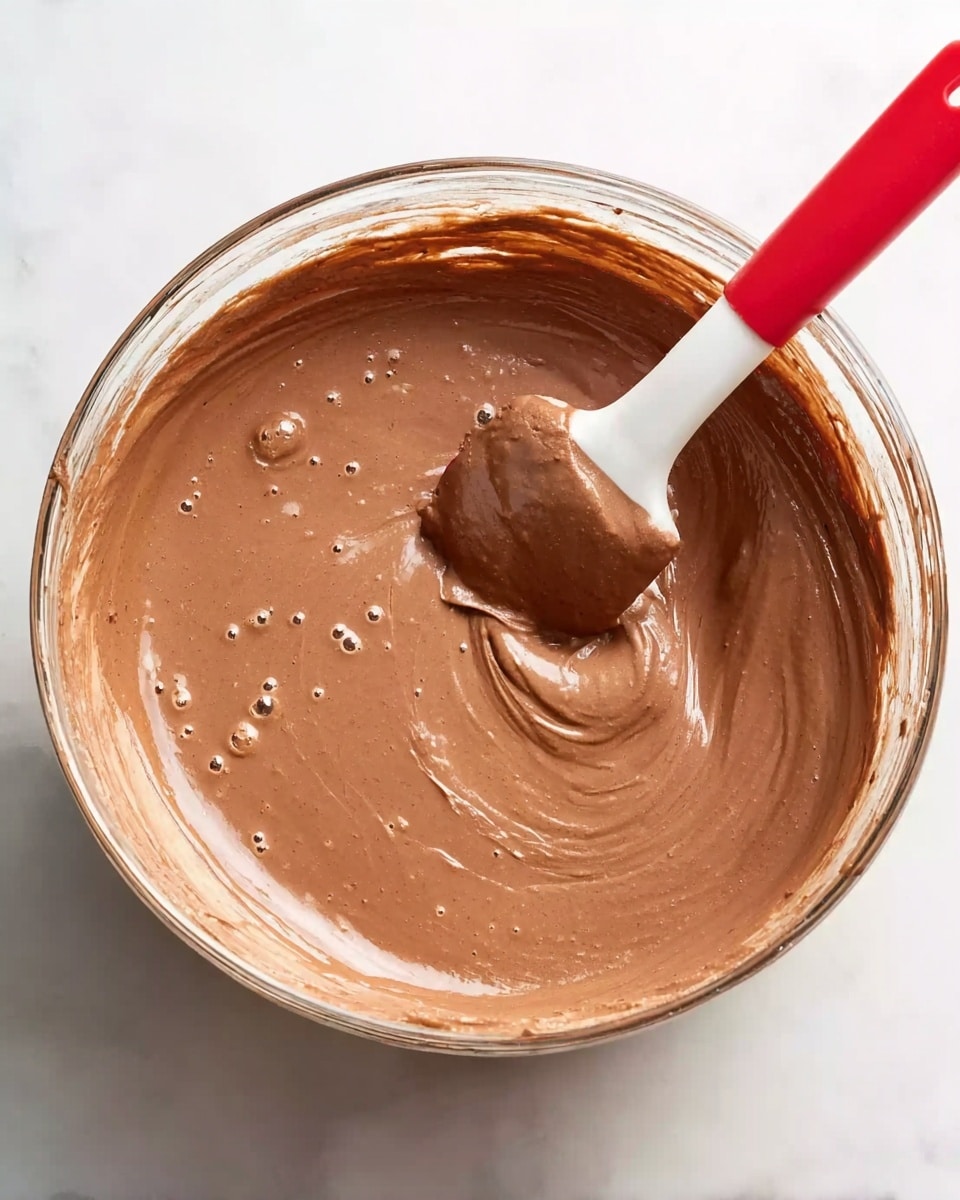 A clear glass bowl sits on a white marbled surface filled with smooth, creamy chocolate batter that is swirled gently inside. A red and white silicone spatula is partially dipped in the batter, showing the thick texture as it holds a scoop of the light brown mixture. The bowl’s inner sides are coated with a thin layer of the chocolate mixture, with some small bubbles visible on the surface. photo taken with an iphone --ar 4:5 --v 7