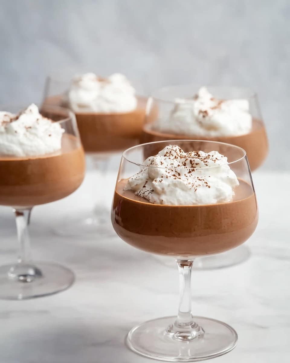 The image shows four clear stemmed glasses, each filled with two layers; the bottom layer is smooth and creamy brown chocolate mousse, while the top layer has a dollop of light, fluffy white whipped cream with a small sprinkle of fine chocolate powder. The glasses are arranged on a white marbled surface, with a soft, bright background. Photo taken with an iphone --ar 4:5 --v 7