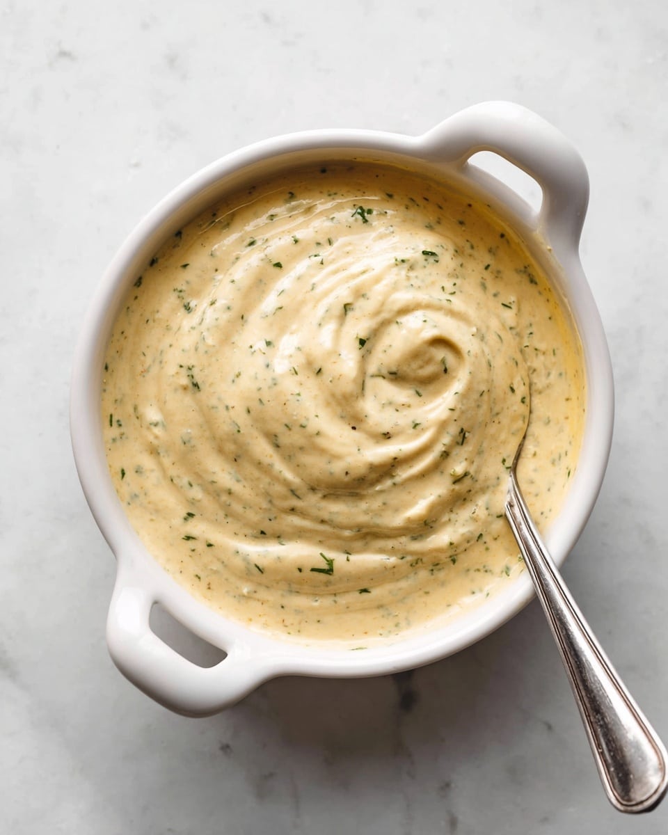 A single layer of thick, creamy sauce with a light beige color and green herb flecks is shown inside a white bowl with side handles. The sauce is swirled smoothly across the bowl, showing soft peaks and a glossy texture. A silver spoon is placed inside the bowl on the right side, partially dipped in the sauce. The bowl rests on a white marbled surface, creating a clean and bright setting. photo taken with an iphone --ar 4:5 --v 7