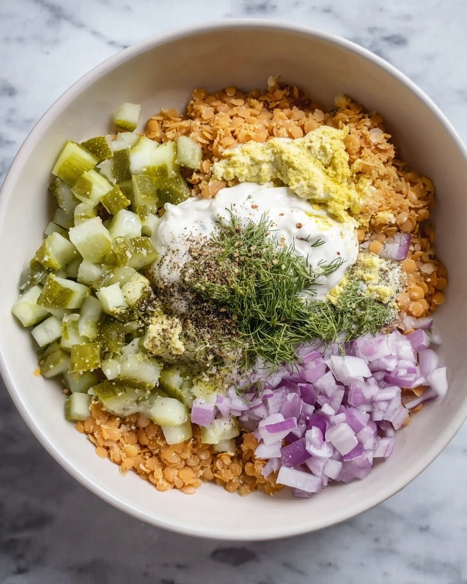 A white bowl sits on a white marbled surface, filled with multiple layers of ingredients ready to mix. The bottom layer is light orange crumbled lentils spread across the bowl. On top, there are small diced pale green celery pieces on the left, medium chopped green pickles near the center, and finely diced purple onions on the right. In the middle of the bowl, there is a dollop of thick white mayo or yogurt next to a small amount of yellow mustard. Around the mustard, fresh green dill and black pepper are sprinkled in the center. The textures vary from creamy to chunky and fresh. photo taken with an iphone --ar 4:5 --v 7