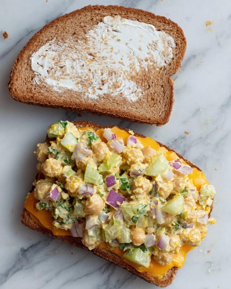 The image shows an open sandwich on a white marbled surface with two slices of lightly toasted whole wheat bread. The bottom slice has a layer of bright orange cheeese that covers the entire slice, topped with a chunky salad mixture that includes small pieces of pale yellow chickpeas, light green celery, bits of purple onion, and green herbs, all mixed in a creamy dressing. The top slice of bread is spread with a thin layer of white mayonnaise and is positioned above the other slice, open to reveal the layers inside. Photo taken with an iphone --ar 4:5 --v 7