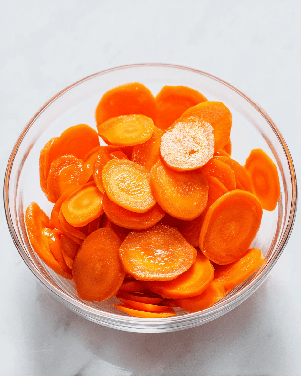 A clear glass bowl filled with multiple thin slices of bright orange carrots, arranged loosely but layered so the slices overlap each other, showing their smooth, shiny texture and slightly translucent edges. The bowl is placed on a white marbled surface, giving a clean and fresh look to the image. The light reflects softly on the carrot slices, highlighting their vibrant color and moist appearance. photo taken with an iphone --ar 4:5 --v 7