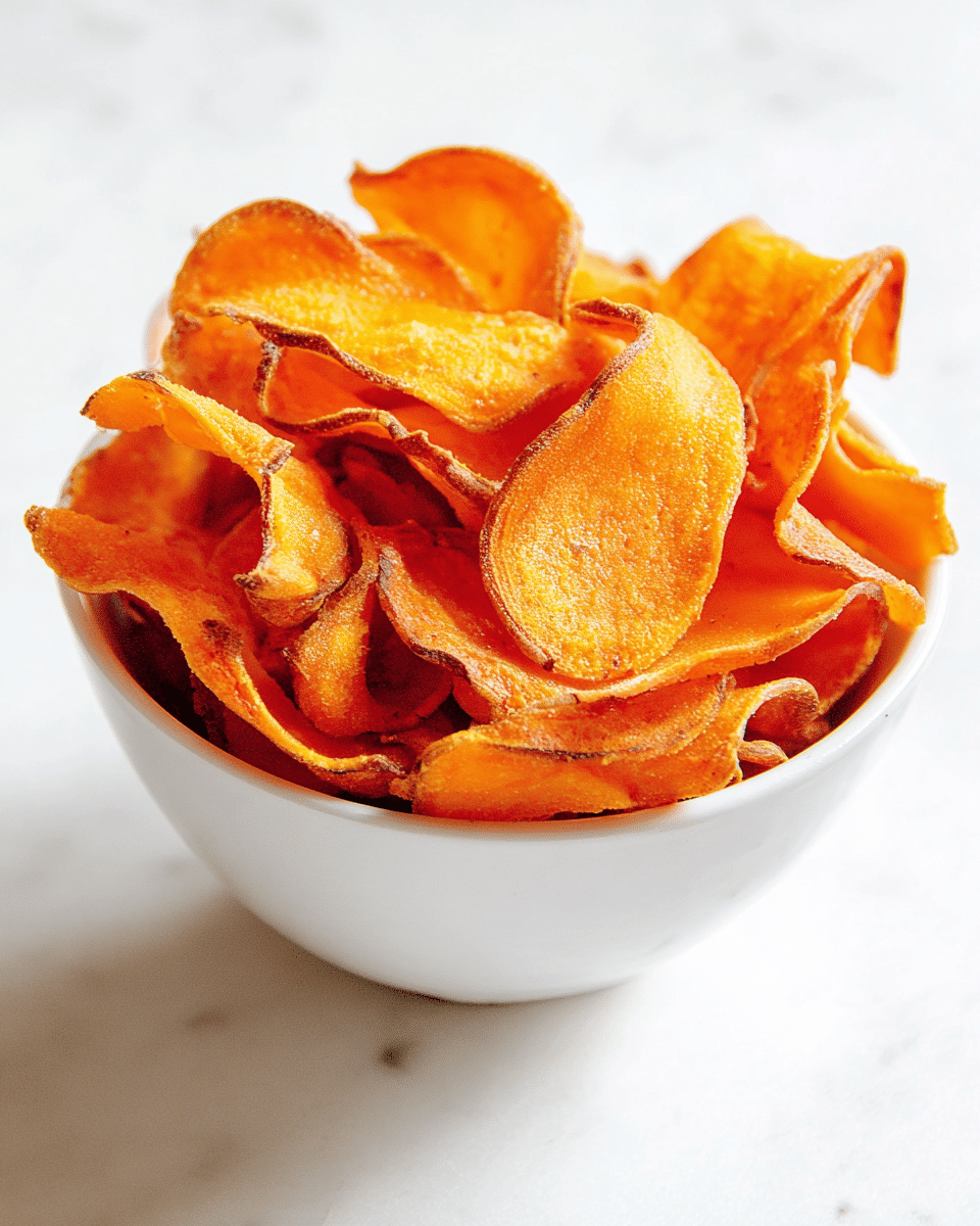 A white bowl filled with many bright orange sweet potato chips standing up and overlapping each other. The chips have a crispy texture with some edges slightly darker and curled. The bowl sits on a white marbled surface with soft light making the orange color of the chips look shiny and fresh. photo taken with an iphone --ar 4:5 --v 7