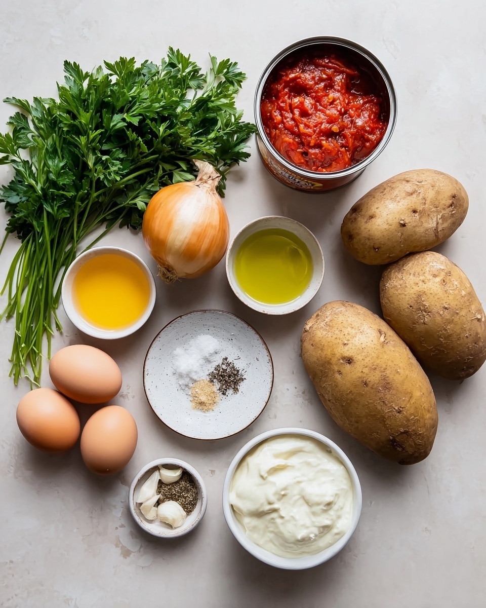 This image shows ingredients neatly arranged on a white marbled surface. Starting from the left, there is a bunch of bright green parsley, followed by four brown eggs placed near a half white onion. Next to them is an open can with red crushed tomatoes. There are four small bowls and plates containing different ingredients: one with golden olive oil, a small plate with minced garlic, a white plate with black pepper and salt, a white bowl filled with creamy white yogurt or sour cream, and a smaller bowl with light green lemon juice. On the right side, three large brown potatoes lie stacked slightly on top of each other. All the items are evenly spaced and captured with natural light, photo taken with an iphone --ar 4:5 --v 7