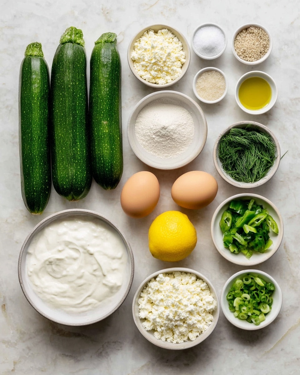 The image shows an arrangement of various fresh ingredients on a white marbled surface. On the left, there are six green zucchinis lined up vertically. Above and to the right of the zucchinis, there are small white bowls holding crumbled white cheese, grated white cheese, salt, sesame seeds, and baking powder, organized neatly in rows. In the center below these bowls, two whole brown eggs sit side by side. Below the eggs is another white bowl filled with thick white yogurt or sour cream. To the right of the yogurt, a bright yellow lemon and a small white container of oil are placed side by side. Above the lemon and oil, there are smaller white bowls with fresh green dill, sliced green onions, and green leafy herbs, all arranged carefully in a grid-like pattern. The photo taken with an iphone --ar 4:5 --v 7