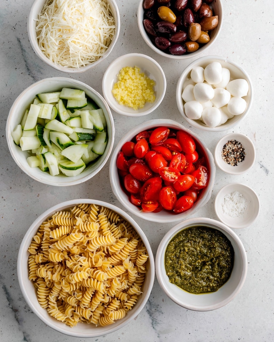 There are eight white bowls arranged on a white marbled surface. In the top left bowl, there is shredded white cheese with a soft texture. To the right of it, a bowl is filled with dark and light brown sliced olives. A small bowl with finely chopped yellow garlic is above the olives and a tiny bowl with dark ground pepper is to the right. Below the garlic, a bowl holds smooth white mozzarella balls. To the left of that, a bowl contains light green sliced cucumber with a fresh, crisp look. Below the cucumber, a large bowl is filled with light yellow spiraled dry pasta. To the right of the pasta, there is a bowl with bright red halved cherry tomatoes, showing juicy inside details. Below the pepper, another small bowl contains green pesto with a coarse texture. All bowls stand out against the smooth white marbled background. photo taken with an iphone --ar 4:5 --v 7