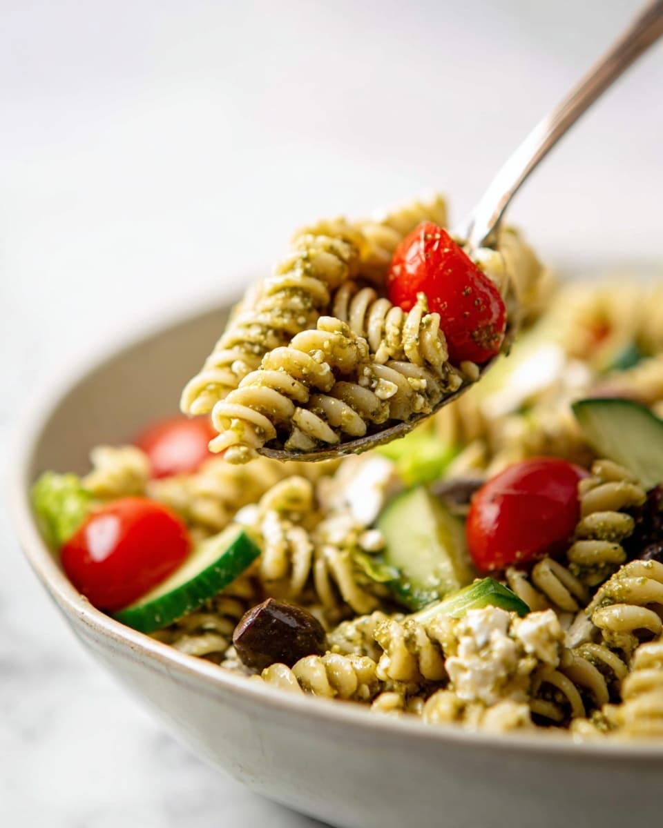 A close-up of a spoon scooping a pasta salad from a white bowl on a white marbled surface. The pasta is spiral-shaped and light beige in color, coated with green pesto sauce. Among the pasta pieces are bright red cherry tomato halves, green cucumber slices, small white cheese cubes, and dark brown olive slices. The background is softly blurred, with bits of fresh green lettuce visible beneath the pasta. The spoon is shiny silver and held by a woman's hand. Photo taken with an iphone --ar 4:5 --v 7