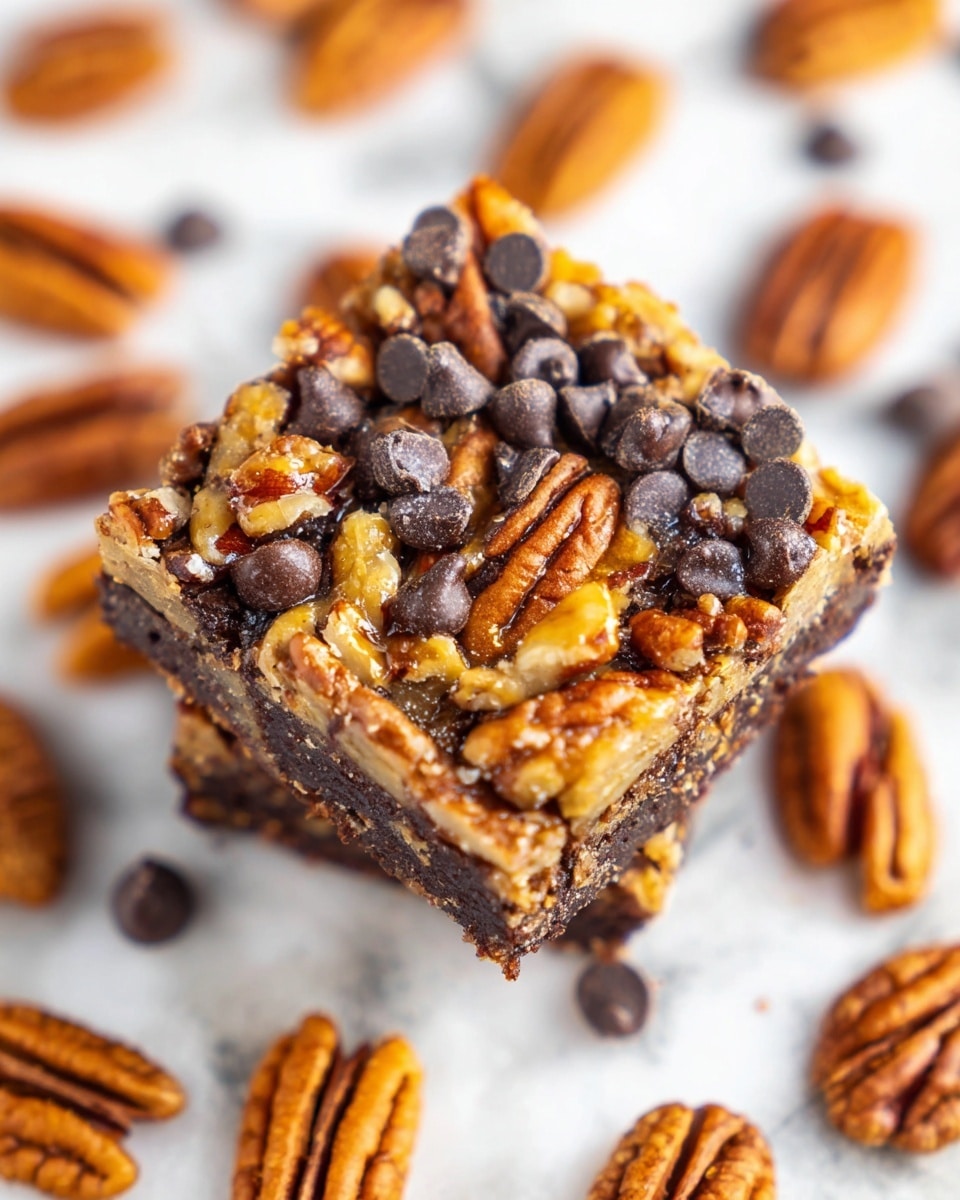 A close-up view shows a single square bar with three main layers: the bottom and middle layers are dark brown with a moist, crumbly texture filled with pecan pieces, and the top layer is richly covered with large pecan halves and scattered dark chocolate chips, giving a mix of rough and smooth textures. The bar sits on a white marbled surface, surrounded by a spread of whole pecan halves creating a warm brown and tan border around it. The colors range from deep chocolate brown to golden brown and tan, with a slightly glossy look on the chocolate chips and pecans. photo taken with an iphone --ar 4:5 --v 7