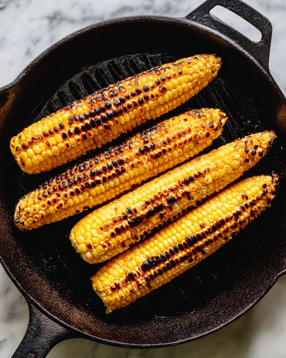 Four ears of grilled corn with yellow and golden kernels and black char marks are placed side by side inside a large black cast iron skillet. The corn shows uneven blackened grill lines running lengthwise, giving it a roasted look. The skillet rests on a white marbled surface. photo taken with an iphone --ar 4:5 --v 7