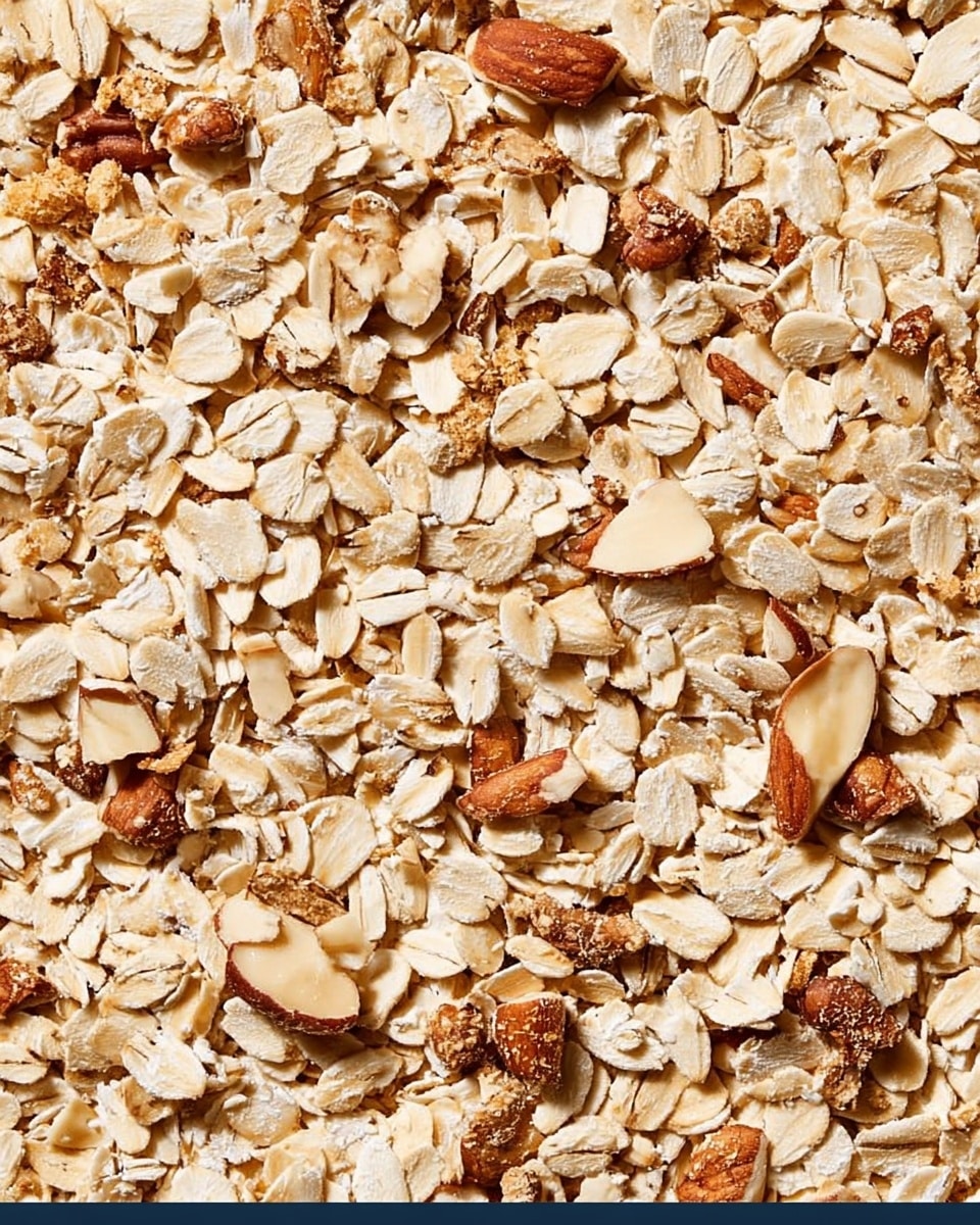 The image shows a close-up view of toasted oats and nuts mixed together. The oats are light beige and flat, covering most of the image, while scattered among them are large and small pieces of nuts in light brown and darker brown shades. The texture is dry and crunchy, with a variety of shapes from the small flat oats to the rough, uneven nut pieces. The overall color palette is warm and natural, with beige, light brown, and tan tones blending together. Photo taken with an iphone --ar 4:5 --v 7