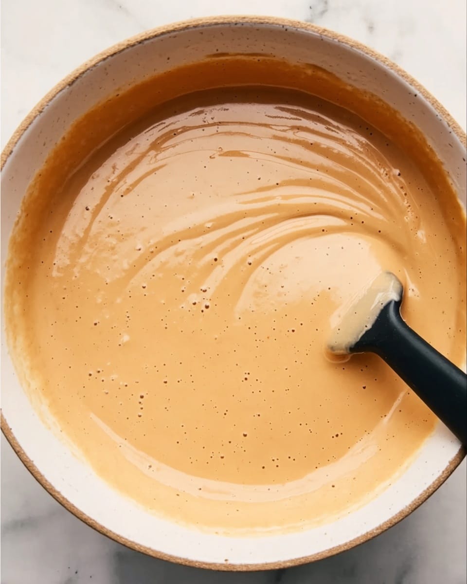 A close-up view of a smooth, creamy sauce in an off-white bowl with a light brown rim. The sauce is light orange or tan in color with a thick, even texture that has small bubbles spread throughout. On the right side, there is a black spatula partially dipped in the sauce, creating a gentle swirl in the surface. The background is a white marbled texture. Photo taken with an iphone --ar 4:5 --v 7