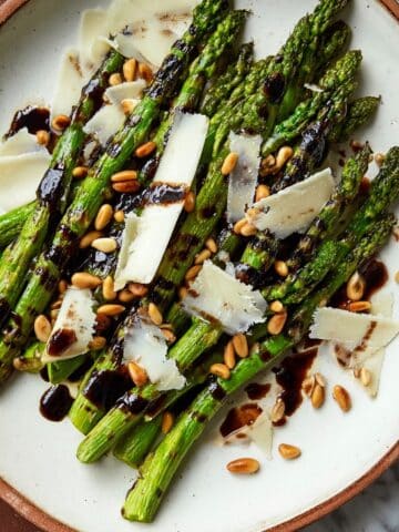 Grilled Asparagus with Balsamic Reduction, Pine Nuts, and Parmesan Recipe