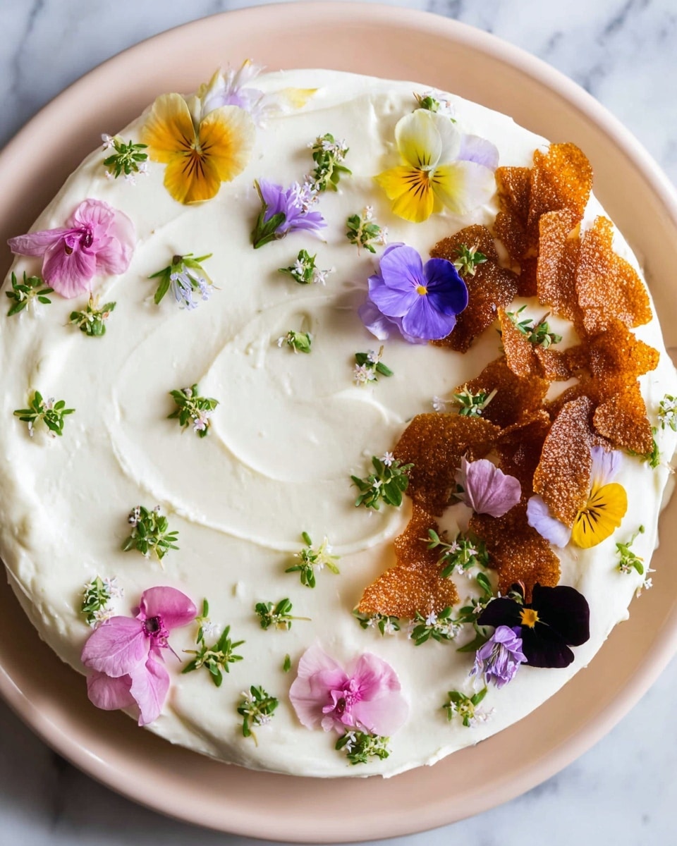 A smooth, creamy white frosting fills a single layer in a round white bowl with soft, flowing swirls on the surface. A red spatula rests inside the bowl, partially covered with the frosting. Around the bowl, there are small white bowls, one filled with chopped green pistachios and another with purple edible flowers. Additional loose flowers and green herb sprigs are scattered gently on a white marbled surface. Photo taken with an iphone --ar 4:5 --v 7