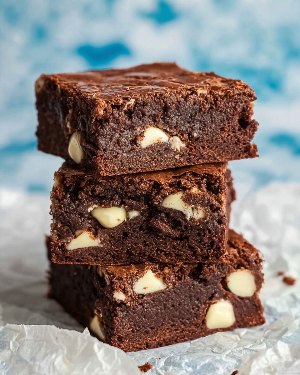 A stack of three thick, dark brown chocolate brownies is shown, each brownie layered one on top of the other. The surface of each brownie is slightly cracked with a soft, dense inside that is studded with many creamy white chocolate chips throughout all layers. The brownies have rough edges and a rich texture, with the white chocolate chips contrasting clearly against the deep chocolate color. The stack rests on crinkled white parchment paper, all placed on a white marbled surface with a blurry blue and white pattern in the background. photo taken with an iphone --ar 4:5 --v 7