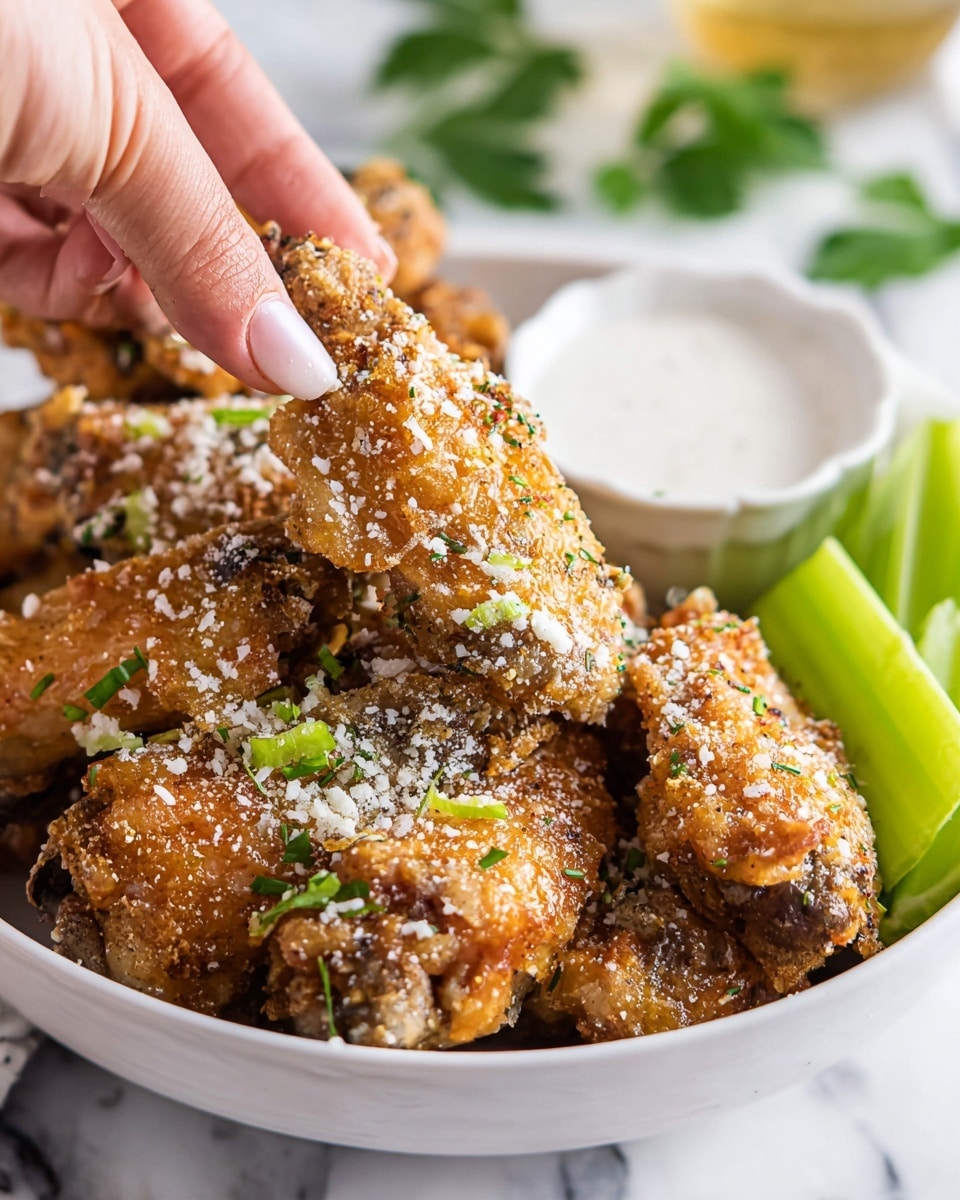A close-up shot shows a white bowl full of golden crispy chicken wings coated with a rough, crunchy breading. The wings are sprinkled with white grated cheese and small green herb pieces. To the right of the wings inside the bowl, there are bright green celery sticks and a small white cup filled with a creamy white sauce. A woman's hand is picking up one wing, highlighting the texture and seasoning. The image background is softly blurred white marble with green leaves out of focus. Photo taken with an iphone --ar 4:5 --v 7