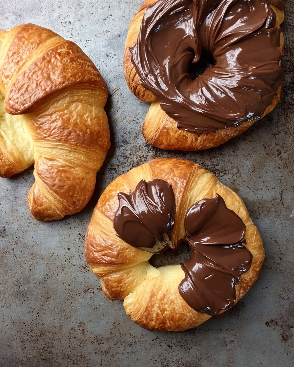 Three croissants sit on a worn metal surface. One croissant at the top left is plain, showing its golden, flaky layers and soft texture. The croissant at the top right has a thick layer of glossy dark chocolate spread unevenly on its upper half, with the chocolate shiny and smooth. The third croissant at the bottom has several large dollops of thick, shiny dark chocolate scattered across its top, creating a contrast with the light, golden flaky crust beneath. The croissants are round and puffy with a visible hole in the center of each. photo taken with an iphone --ar 4:5 --v 7