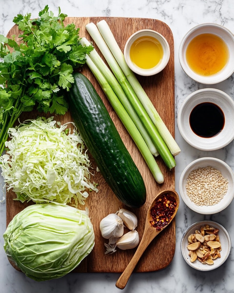 The image shows fresh ingredients neatly arranged on a wooden cutting board placed on a white marbled surface. On the board, from left to right, there is a bunch of vibrant green cilantro and five long pale green stalks of green onion. Next to them lies a dark green cucumber with shiny skin. Beside the cucumber is a pile of finely shredded pale green cabbage, with a half head of light green cabbage placed below it. Near the cabbage on the side of the board are two cloves of garlic with their light purple skin visible. Surrounding the board on the white marbled surface are small white bowls containing golden honey, light yellow oil, amber-colored liquid, black and white sesame seeds, minced pale garlic, a dark soy sauce, white salt, slivered almonds, and red chili flakes in a small wooden spoon. The photo taken with an iphone --ar 4:5 --v 7