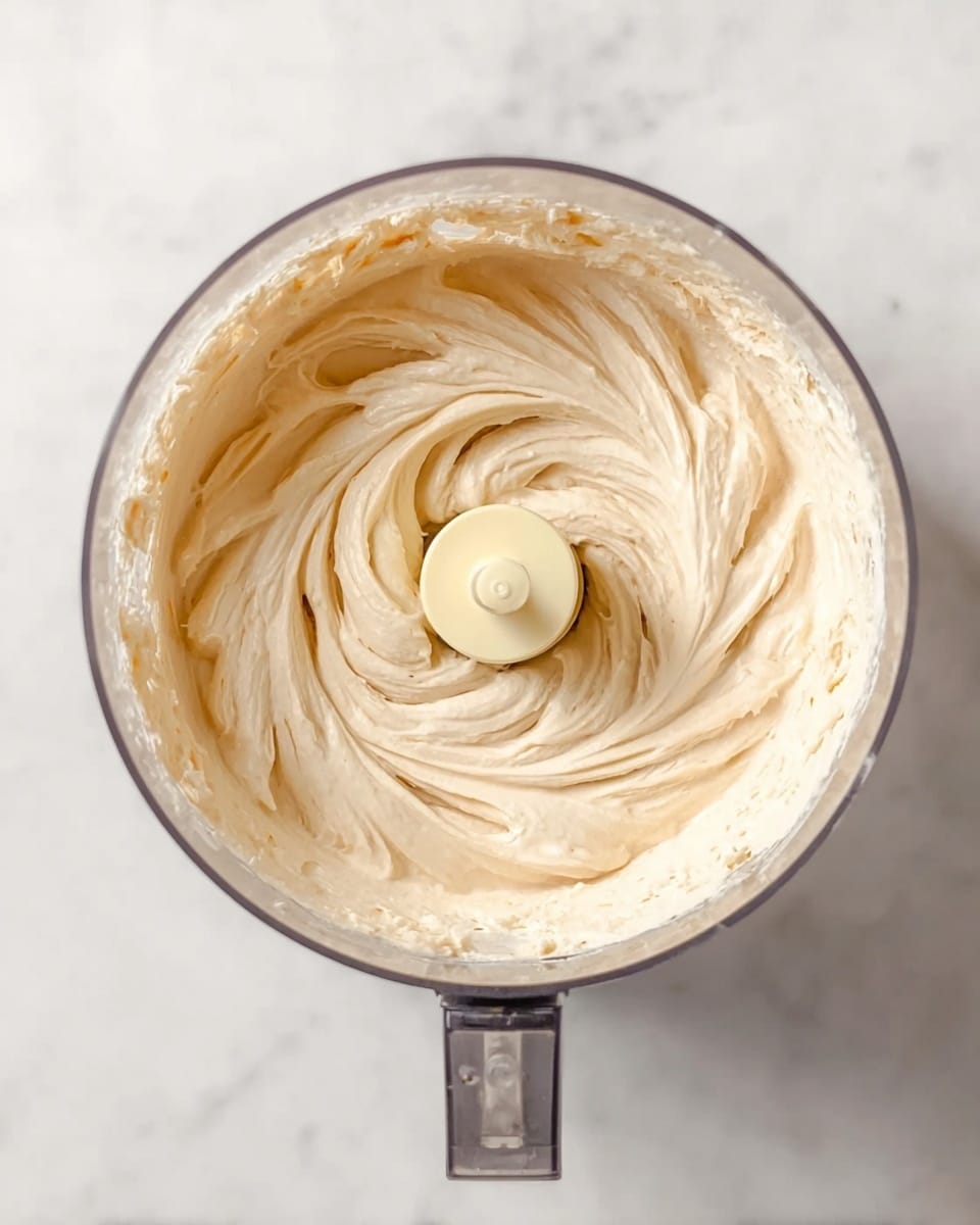 The image shows a single clear food processor bowl filled with a smooth, creamy beige mixture that has a soft, swirled texture. The mixture swirls evenly around a central light yellow blade component, creating a thick, whipped look. The bowl sits on a white marbled surface, bright and clean, with no other items around. The lighting is soft and natural, highlighting the smooth texture of the mixture inside the bowl. photo taken with an iphone --ar 4:5 --v 7
