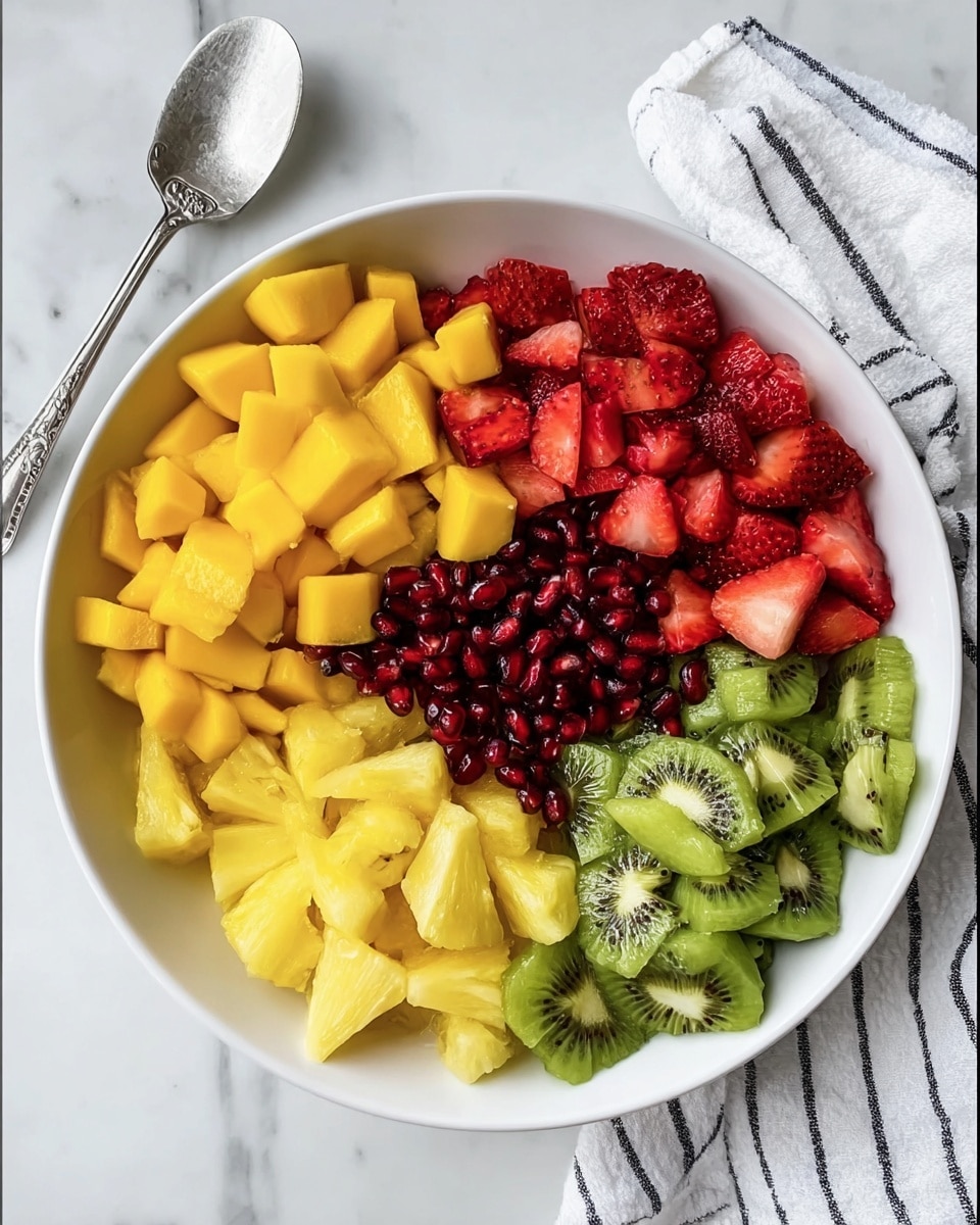A white bowl filled with five sections of fruit, each section neatly arranged in a circular pattern. Starting from the top left, there are bright yellow mango chunks, next to them on the top right are vibrant red strawberry pieces. In the center, a small pile of dark red pomegranate seeds adds a jewel-like shine. Below the pomegranate seeds, on the bottom right, are light yellow pineapple chunks, and to the bottom left are green kiwi pieces with black seeds visible. The bowl sits on a white marbled surface next to a white spoon with a silver handle and a striped white and gray cloth. Photo taken with an iphone --ar 4:5 --v 7