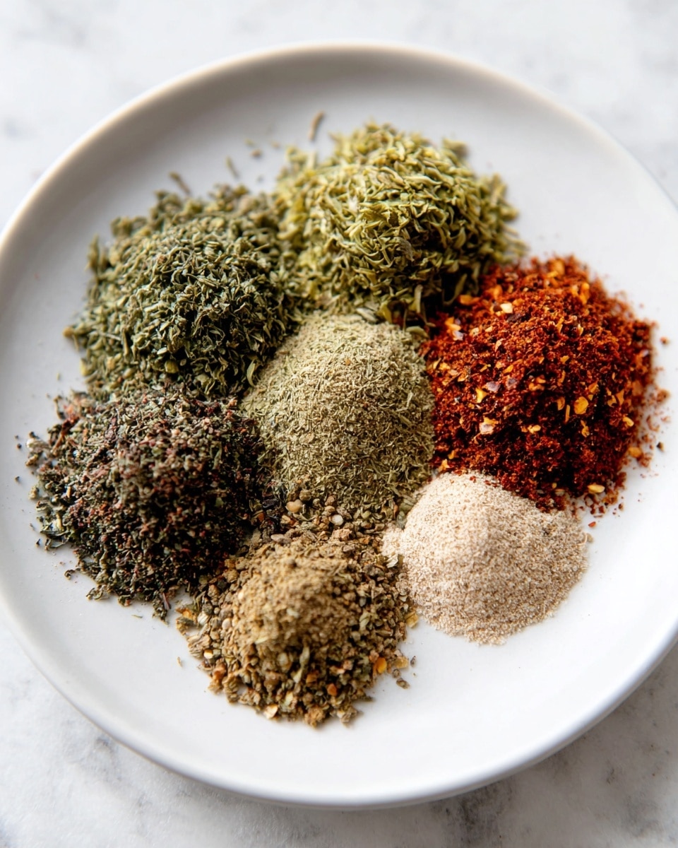 A white plate holds nine small piles of dried spices arranged closely together, each pile showing different textures and colors. The spices vary from a coarse bright green with visible seeds, to dark green leafy textures, light brown fine powders, and red chili flakes with seeds giving a crunchy look. The surface below the plate is a clean white marble texture, adding a fresh and simple background. The photo is clear and well-lit, focusing on the details of each spice pile photo taken with an iphone --ar 4:5 --v 7