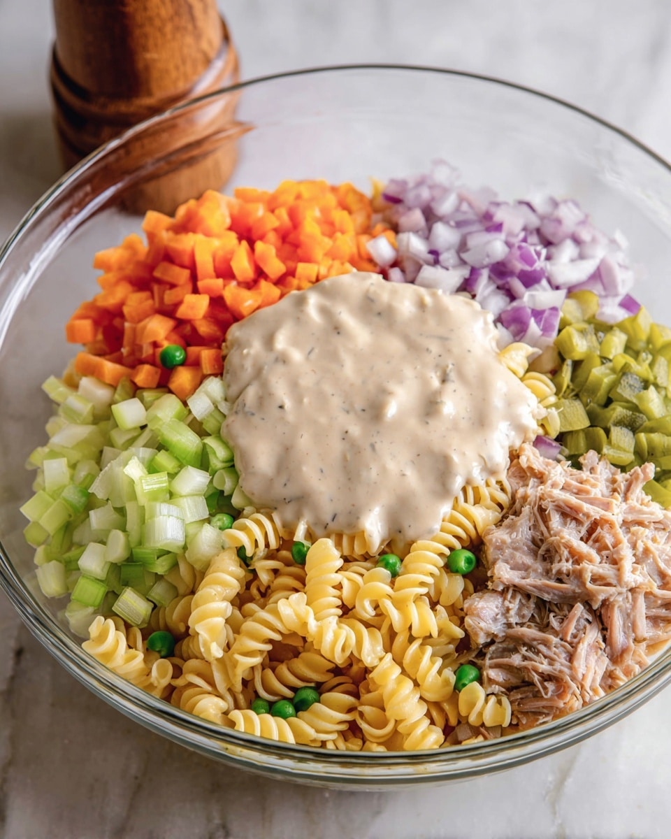 A clear glass bowl sits on a white marbled surface, filled with layers of colorful ingredients arranged in sections. Starting from the bottom left, there are diced light green celery pieces, followed by a section of yellow spiral pasta shells with small green peas mixed in. Above the pasta, bright orange diced carrots are neatly piled, next to finely chopped purple onions. Moving clockwise, there is a small section of chopped green pickles, and finally a scoop of shredded light brown meat at the bottom right. Covering the center of all these ingredients is a thick, creamy light beige sauce spread evenly across the top. In the background, a wooden pepper grinder is slightly out of focus. Photo taken with an iphone --ar 4:5 --v 7
