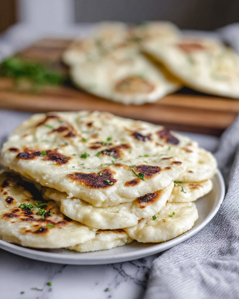 The image shows several pieces of flatbread placed on a wooden board with scattered green herbs on top and around. The flatbreads are light tan with dark brown spots from cooking, and they have a soft, slightly puffy texture. Behind the board, more flatbreads are stacked in a round white bowl resting on a white cloth with gray stripes. The background surface is a white marbled texture. Photo taken with an iphone --ar 4:5 --v 7