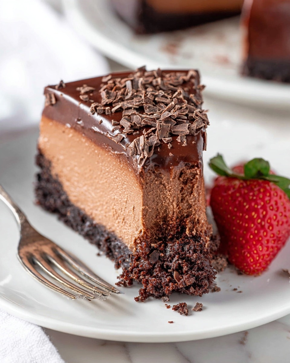 A slice of rich chocolate cheesecake sits on a white plate with a white marbled background, showing three main layers: the bottom layer is a dark, crumbly chocolate crust; the middle layer is thick, smooth milk chocolate cheesecake with a slightly textured surface; the top layer is a glossy, dark chocolate ganache sprinkled with small shavings of chocolate. A silver fork with a piece of the cheesecake rests on the plate next to the slice, and two fresh strawberries, one whole and one halved, are placed near the cheesecake. Photo taken with an iphone --ar 4:5 --v 7