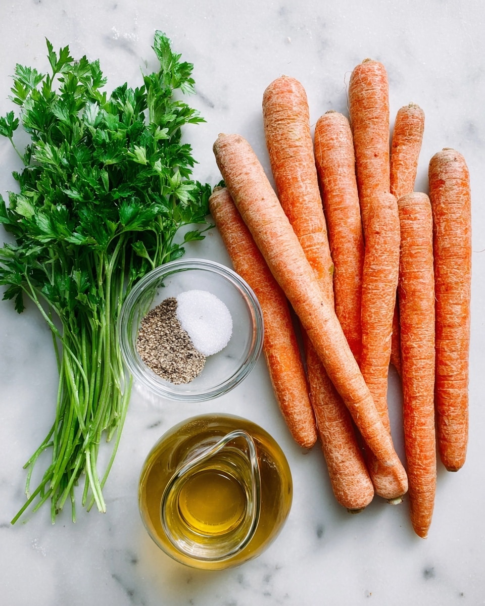 The image shows nine whole carrots with a rough orange skin, arranged in two rows on a white marbled surface. To the left, there is a small bunch of fresh green parsley with leafy stems. Above the parsley, there is a clear glass bowl containing two piles of salt and black pepper. Below the parsley sits a clear glass bottle filled with golden olive oil and a narrow spout. The items are spaced apart on the white marbled background, creating a clean and fresh look. photo taken with an iphone --ar 4:5 --v 7