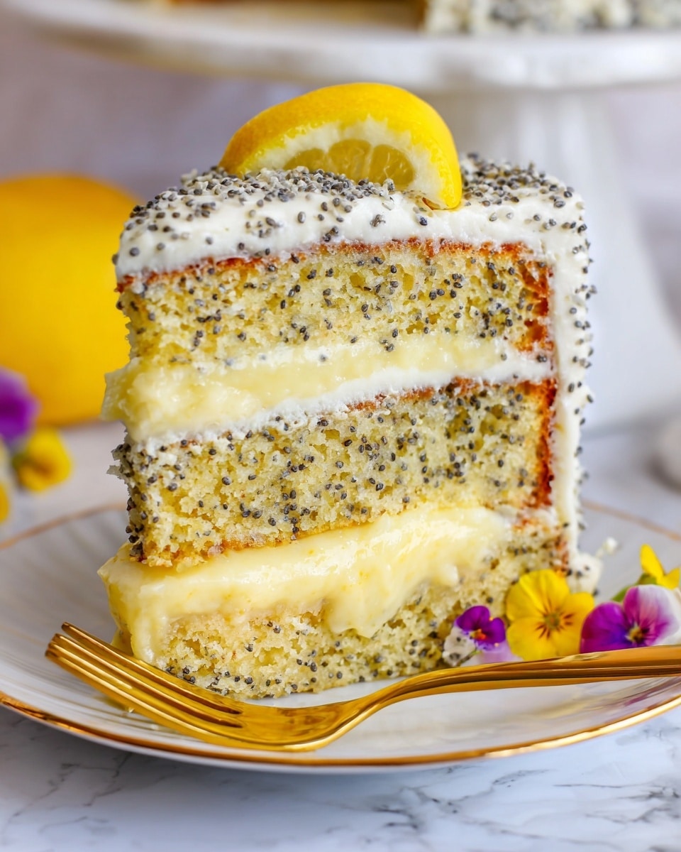 A slice of lemon poppy seed cake with three visible layers, each layer has a light yellow cake texture with small black poppy seeds spread evenly throughout. Between the cake layers, there are two thick layers of smooth, creamy lemon filling in a pale yellow color. The outside is coated with a thick white frosting dotted with poppy seeds, and the top is garnished with a thin, bright yellow lemon wedge. The slice sits on a white plate with a gold rim, accompanied by a gold fork positioned across the plate. The background and surface have a white marbled texture, with a few small purple and yellow flowers near the plate. Photo taken with an iphone --ar 4:5 --v 7