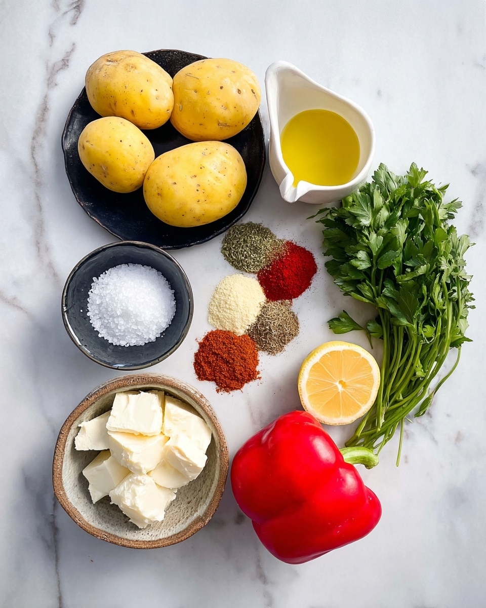 A collection of ingredients is arranged on a white marbled surface. In the center left, six peeled yellow potatoes sit on a small black plate. Above them, a small white spouted bowl holds yellow oil. To the right, a white bowl contains five piles of colorful spices in green, brown, red, and beige shades mixed together. Below the spices, a small black bowl has white coarse salt. On the bottom left, a small rustic bowl holds chunks of white cheese. To the right of the cheese, there is a slice of lemon. Next to the lemon, a bunch of fresh green parsley lies flat. At the far right, a whole bright red bell pepper rests on the marble. All items are neatly spread out, creating a fresh and colorful display photo taken with an iphone --ar 4:5 --v 7