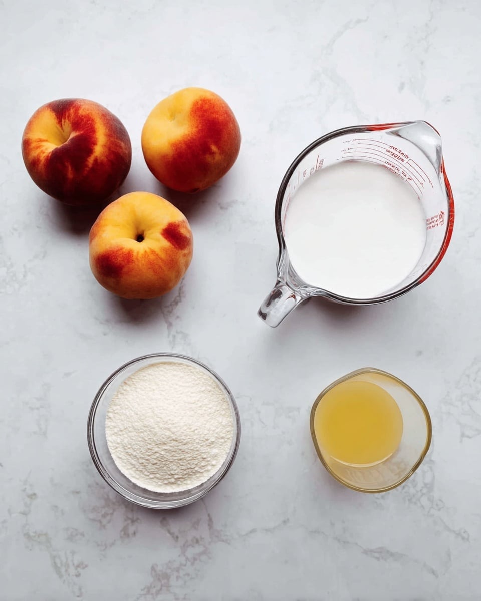 The image shows four peaches with a mix of red, orange, and yellow colors placed on a white marbled surface in the top left. In the top right, there is a clear glass measuring cup filled with a white powdery ingredient. At the bottom left, a glass bowl contains a fine white granular ingredient. At the bottom right, a measuring cup holds a yellow liquid. The objects are spaced evenly on the white marbled surface, creating a clean and tidy scene photo taken with an iphone --ar 4:5 --v 7