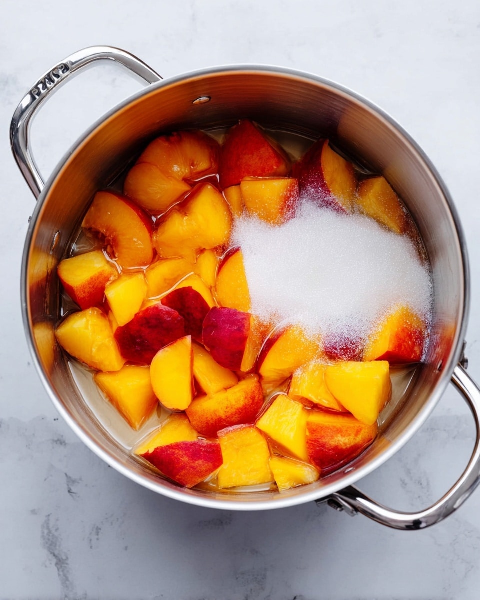 A shiny silver pot with two handles sits on a white marbled surface. Inside the pot, there are many pieces of bright orange-yellow and red fruit chunks piled mostly on one side. Next to the fruit, a small mound of white granulated sugar rests on a thin layer of clear liquid, spreading slightly across the bottom of the pot. The fruit pieces have smooth skin with a mix of red and orange hues, and the orange flesh is soft and juicy-looking. photo taken with an iphone --ar 4:5 --v 7