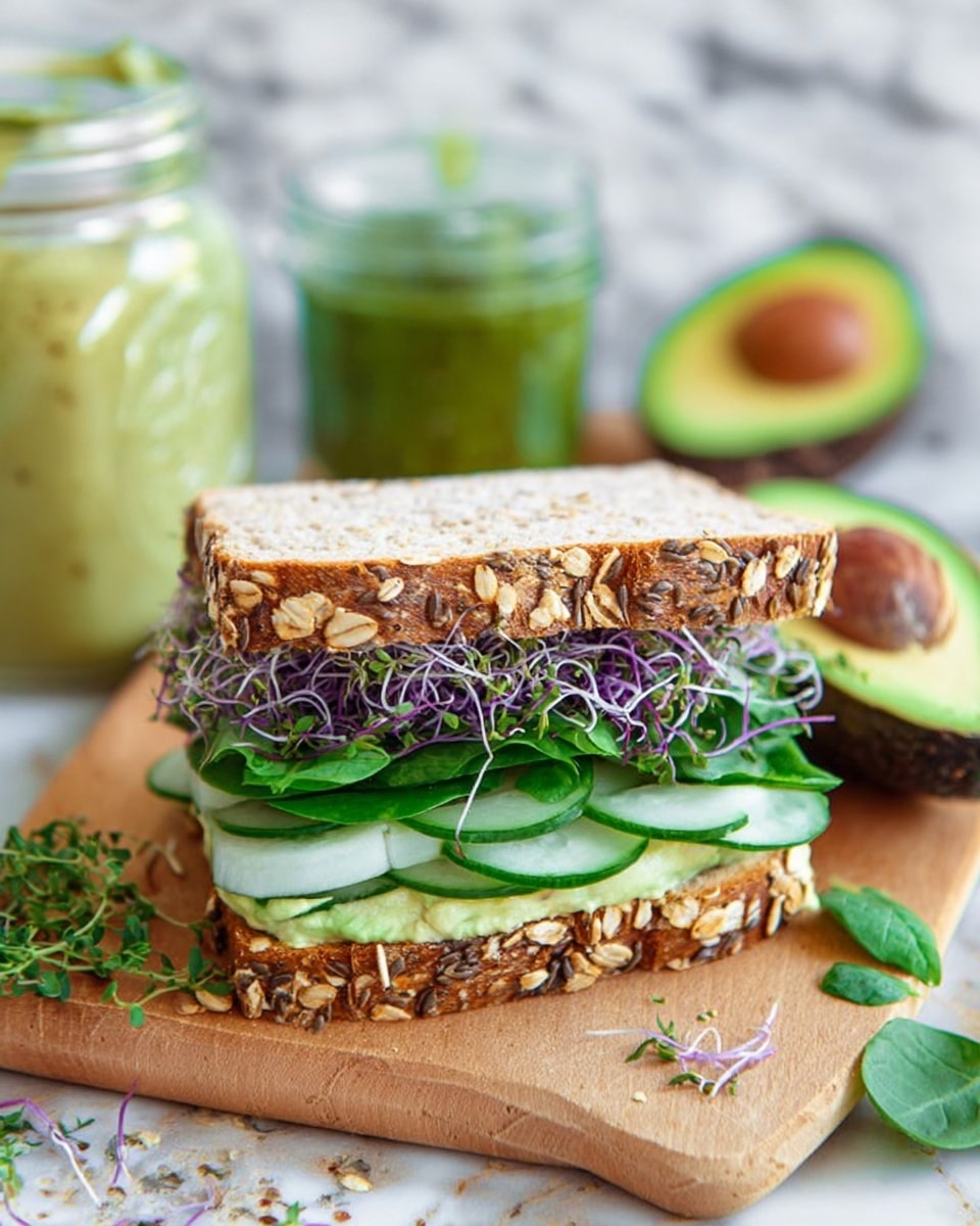 The image shows a sandwich with two slices of multi-grain bread covered in oats and seeds, with the top slice slightly tilted. Inside the sandwich, there are three clear layers visible: at the bottom, thin pale green cucumber slices; in the middle, vibrant dark green spinach and purple microgreens with thin stems; and on the top, creamy pale green spread. The sandwich sits on a wooden board with a halved avocado, a glass jar with green sauce, and some fresh green herbs around it. The background is a white marbled texture. photo taken with an iphone --ar 4:5 --v 7