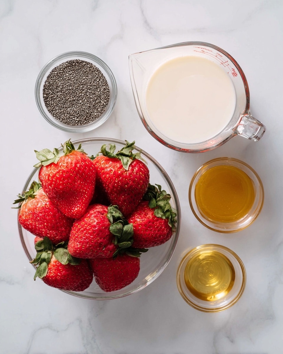 The image shows five containers placed on a white marbled surface. In the center, there is a clear glass bowl filled with fresh red strawberries with green leaves still on top. To the top left of the strawberries, there is a small clear glass bowl filled with dark gray chia seeds. Below the chia seeds, another small clear glass bowl holds golden honey. To the right of the strawberries, there is a clear glass measuring cup filled with light creamy-colored milk. Above the milk, there is a small clear glass bowl with a small amount of light amber liquid, likely vanilla extract. The overall setting is clean and bright with a simple arrangement. photo taken with an iphone --ar 4:5 --v 7