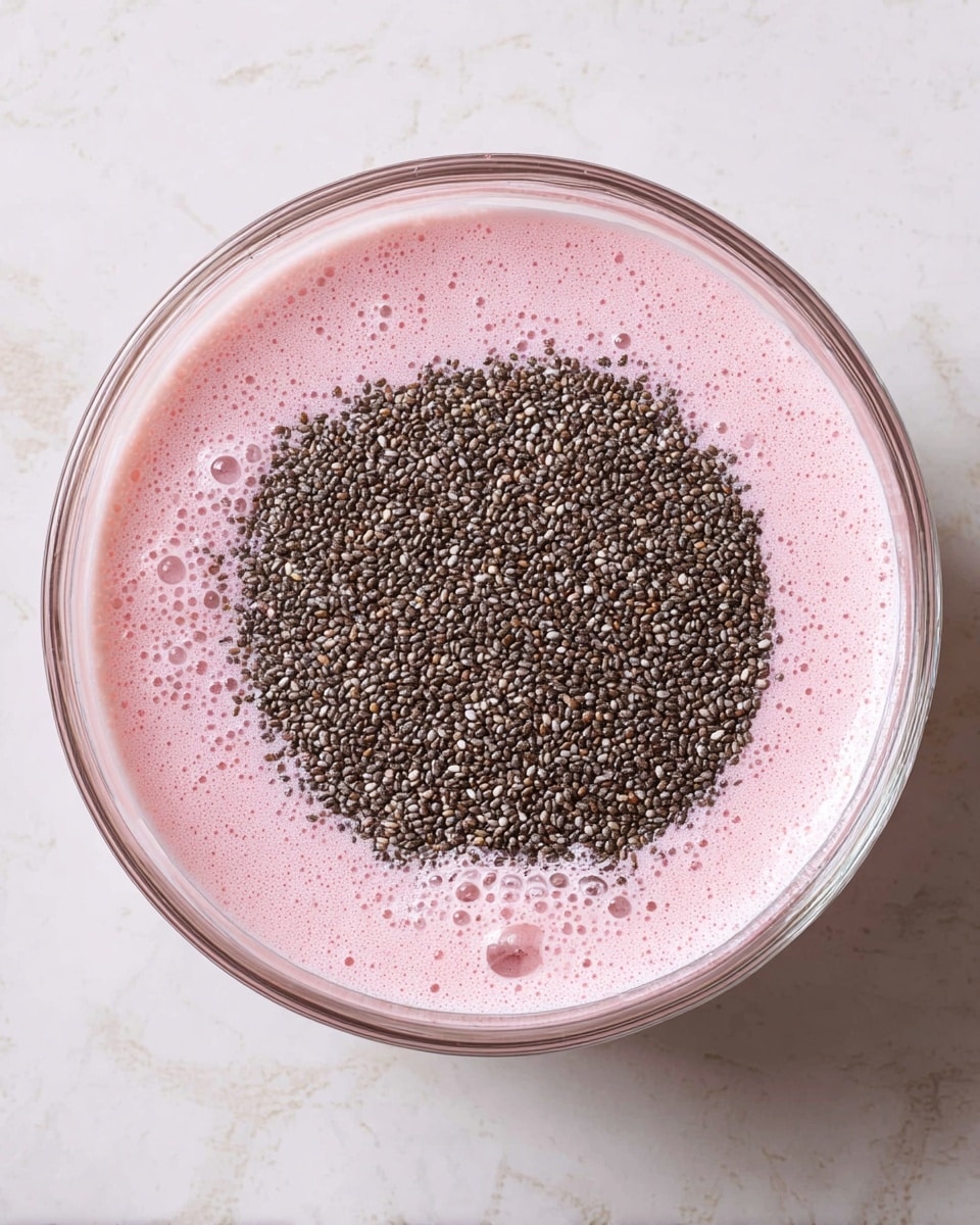 A clear glass bowl sits on a white marbled surface, filled with two distinct layers. The bottom layer is a smooth, light pink liquid with small bubbles on its surface, covering the entire base of the bowl. On top, there is a thick, dense layer of tiny black chia seeds spread evenly across the center, creating a textured contrast against the smooth pink liquid. The overall look is simple yet striking, emphasizing the different colors and textures. photo taken with an iphone --ar 4:5 --v 7