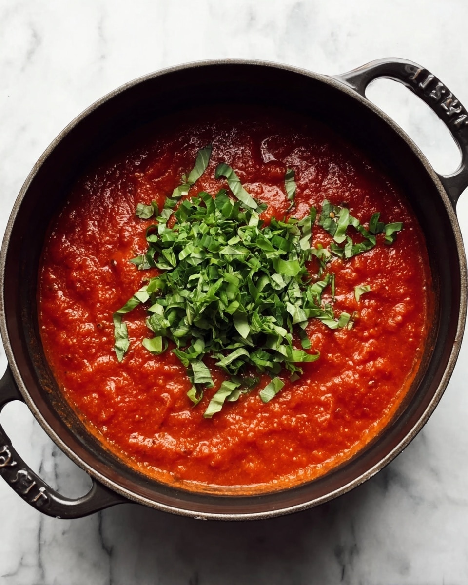 A black pot filled with a thick, bright red tomato sauce with a slightly chunky texture is shown from above. On top of the sauce, there is a pile of fresh chopped green basil leaves scattered in the center and a few around the edges. The pot has two handles and sits on a white marbled surface. photo taken with an iphone --ar 4:5 --v 7