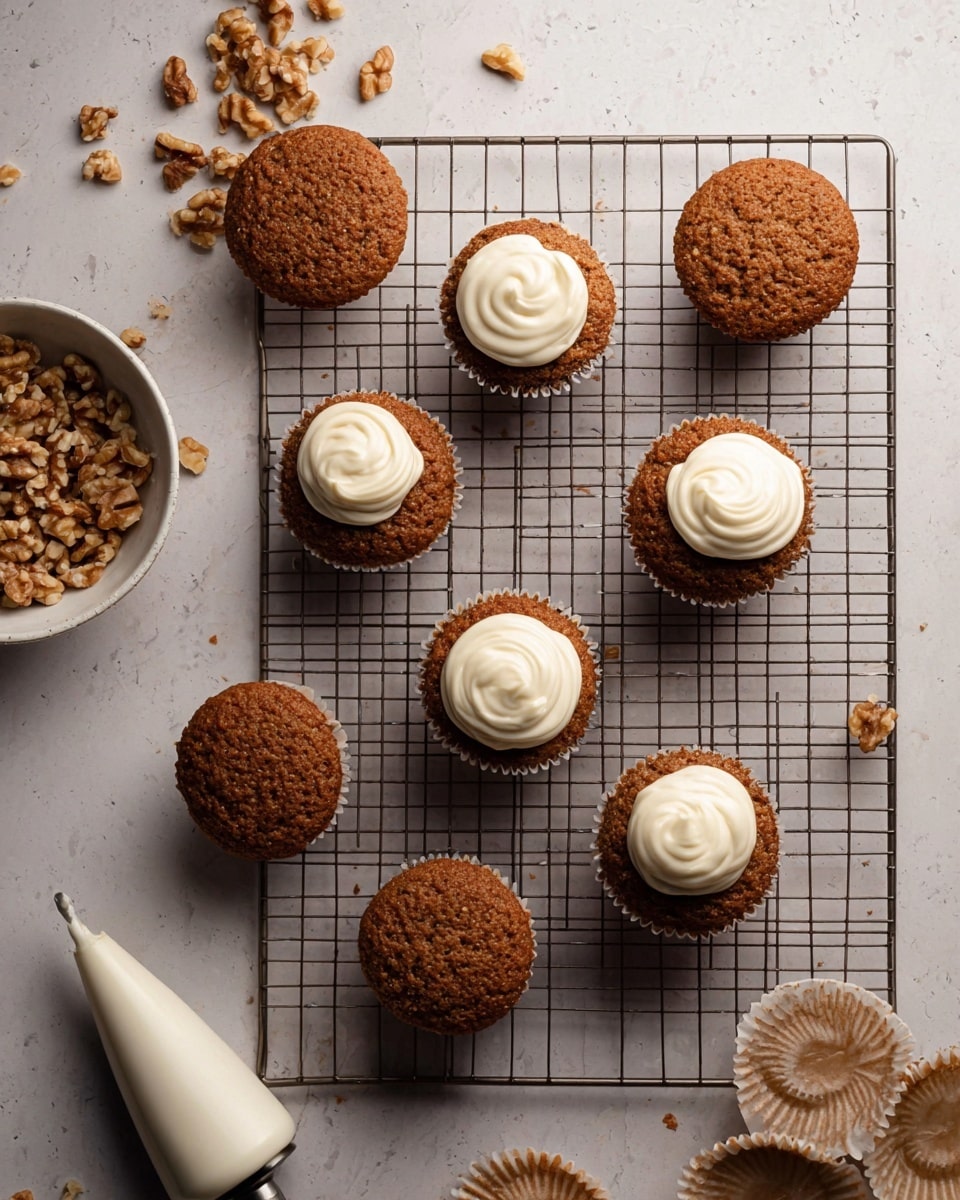 A wire cooling rack holds eleven small round brown muffins with a slightly rough texture, arranged in a scattered pattern on a white marbled surface. Four of the muffins are topped with a roughly circular layer of smooth white frosting with a small peak in the center. To the top left of the rack, there is a small white bowl filled with chopped light brown walnuts, some spilled around it. Near the bottom left corner, a white frosting piping bag with a metal tip rests on the surface, and to the right, some empty white paper muffin liners are stacked and partly visible. Photo taken with an iphone --ar 4:5 --v 7