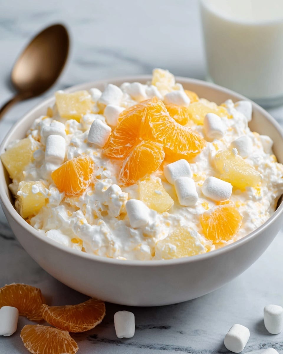 A white bowl filled with a creamy salad made of small white marshmallows, light yellow pineapple pieces, and bright orange mandarin segments. The salad has a thick, white, slightly lumpy texture with the fruit mixed in evenly. On top, a few orange mandarin slices and yellow pineapple chunks sit as a small cluster in the center, surrounded by scattered marshmallows. The bowl sits on a white marbled surface, with some marshmallows around it and part of a glass of milk to the side. Photo taken with an iphone --ar 4:5 --v 7