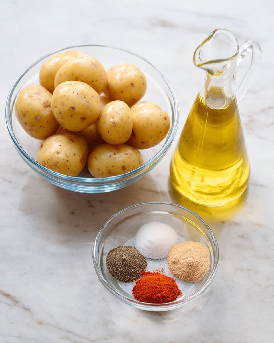 A clear glass bowl full of small yellow potatoes sits on a white marbled surface, next to a small clear glass bowl holding five small piles of spices arranged in a flower shape: black pepper, salt, white powder, orange-red powder, and tan powder. Beside the spice bowl is a tall glass bottle filled with yellow oil with a clear pour spout. The scene is well lit and clean. photo taken with an iphone --ar 4:5 --v 7