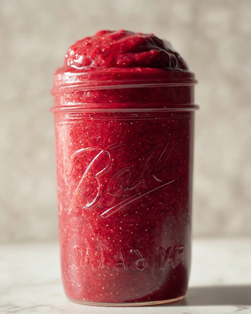 The image shows a tall glass jar filled with a thick, bright red berry jam that is slightly textured, with tiny visible seeds and fruit pieces. The jam is filled to the top and mounded above the jar rim, giving a rich and full appearance. The jar has embossed lettering on the front, adding detail to the smooth glass surface. The background features a soft, out-of-focus white marbled texture, creating a clean and simple setting. Photo taken with an iphone --ar 4:5 --v 7