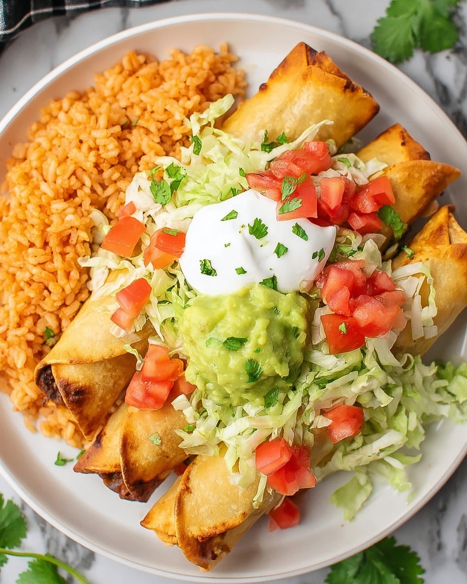 A white plate holds five golden brown rolled tacos arranged in a slight fan shape on the right side of the plate. On top of the tacos is a mix of toppings, starting with a layer of shredded light green cabbage, then bright red diced tomatoes, a dollop of smooth white sour cream, and a scoop of creamy light green guacamole, all sprinkled with fresh chopped green cilantro. On the left side of the plate is a serving of orange Mexican rice with visible grain texture. The plate rests on a white marbled surface with more cilantro leaves scattered around. Photo taken with an iphone --ar 4:5 --v 7
